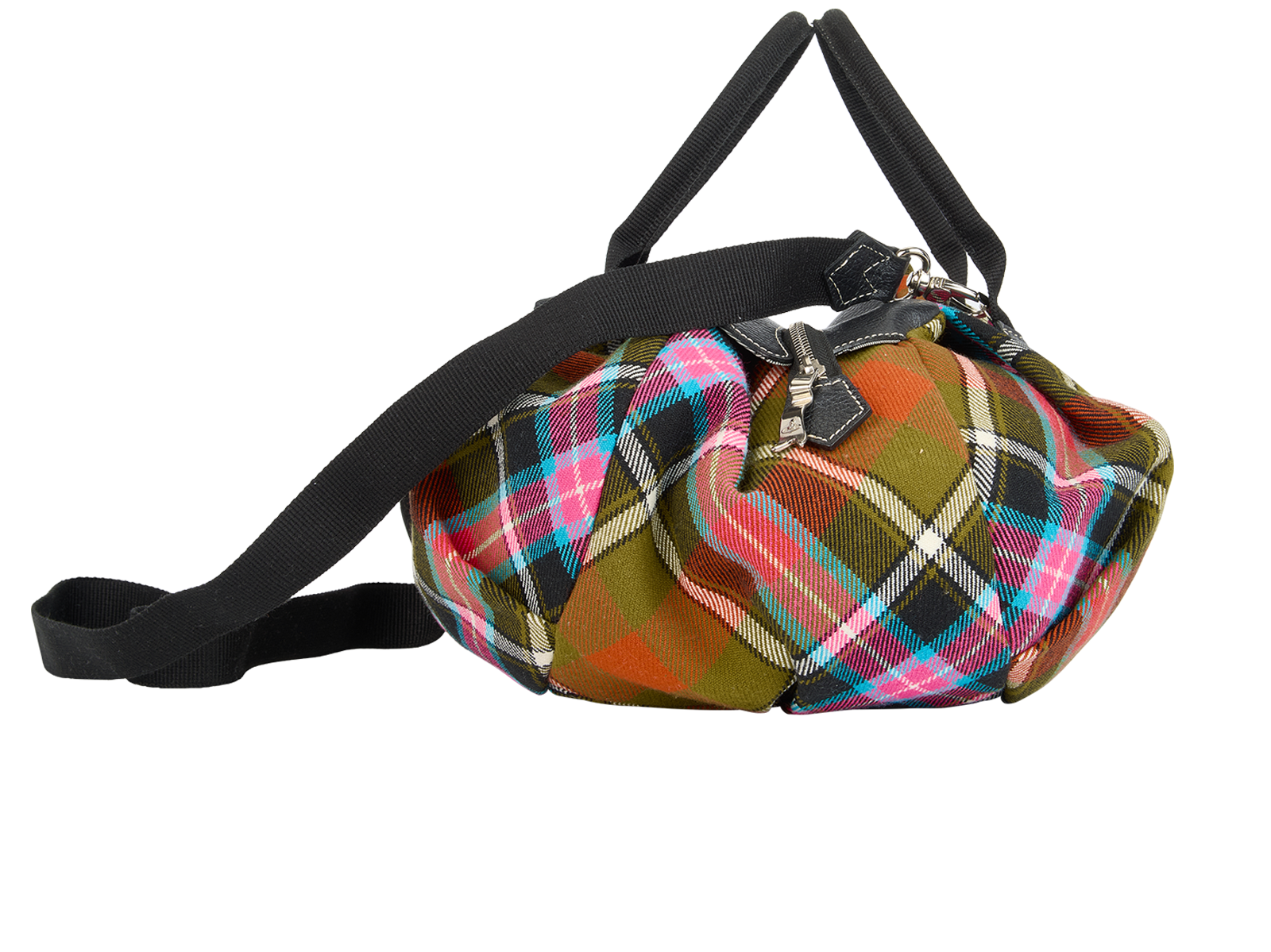 Winter Tartan Bowling Bag, &pound;140, Handbags, Black/Blue/Pink, Fabric/Leather, Side view